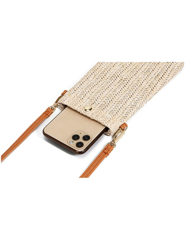 Pochette bandoulière universelle pour téléphone portable, en rotin tissé.
