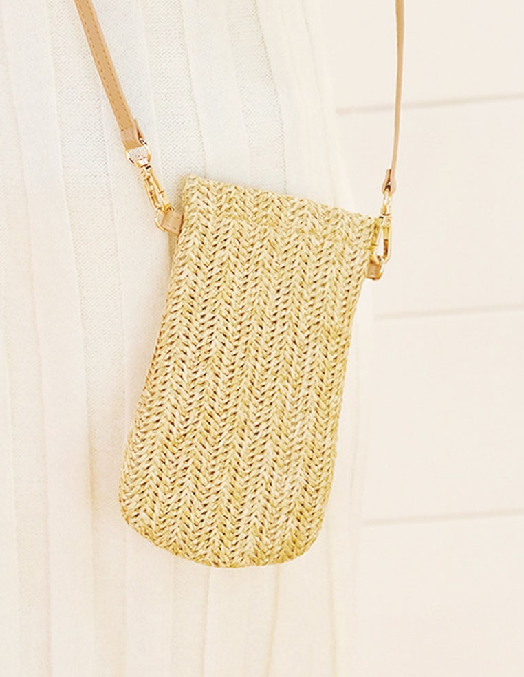 Pochette bandoulière universelle pour téléphone portable, en rotin tissé.