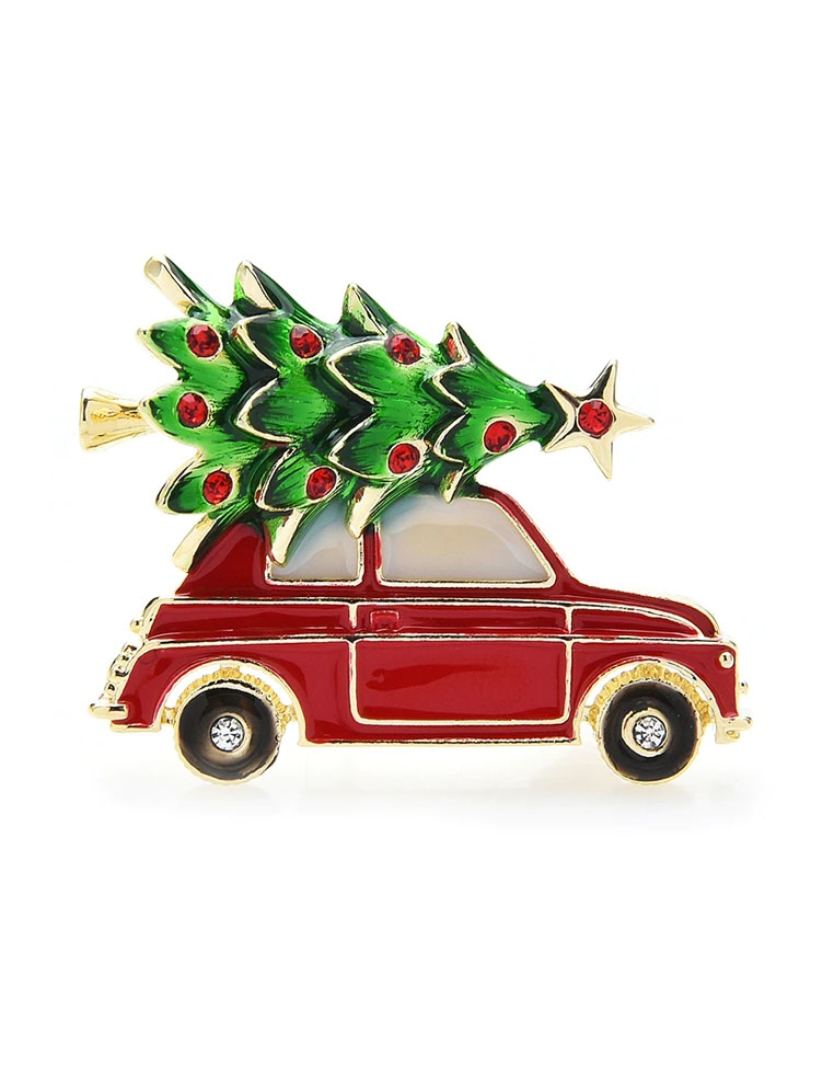 Broche sapin de noel avec voiture rouge