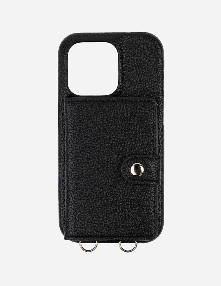 Coque iPhone en cuir noir avec porte carte et anneaux de fixation pour chaine bandoulière et cordon
