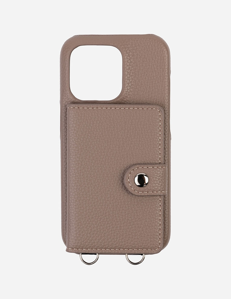 Coque iPhone en cuir nude avec porte carte et anneaux de fixation pour chaine bandoulière et cordon