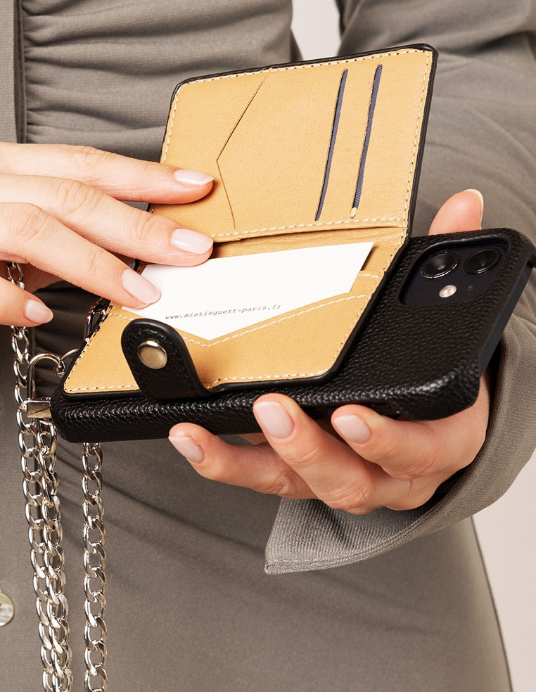 Coque bandoulière pour iphone en cuir avec anneau et porte carte