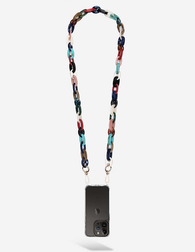 Chaîne bijoux avec mousquetons dorés de 120 cm, en résine ultra résistante et maillons multicolores.