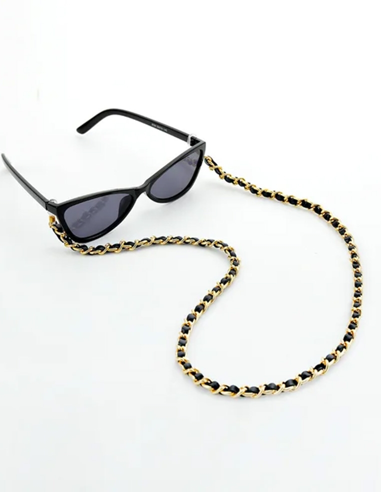 chaine a lunette chanel cuir noir et chaine dorée