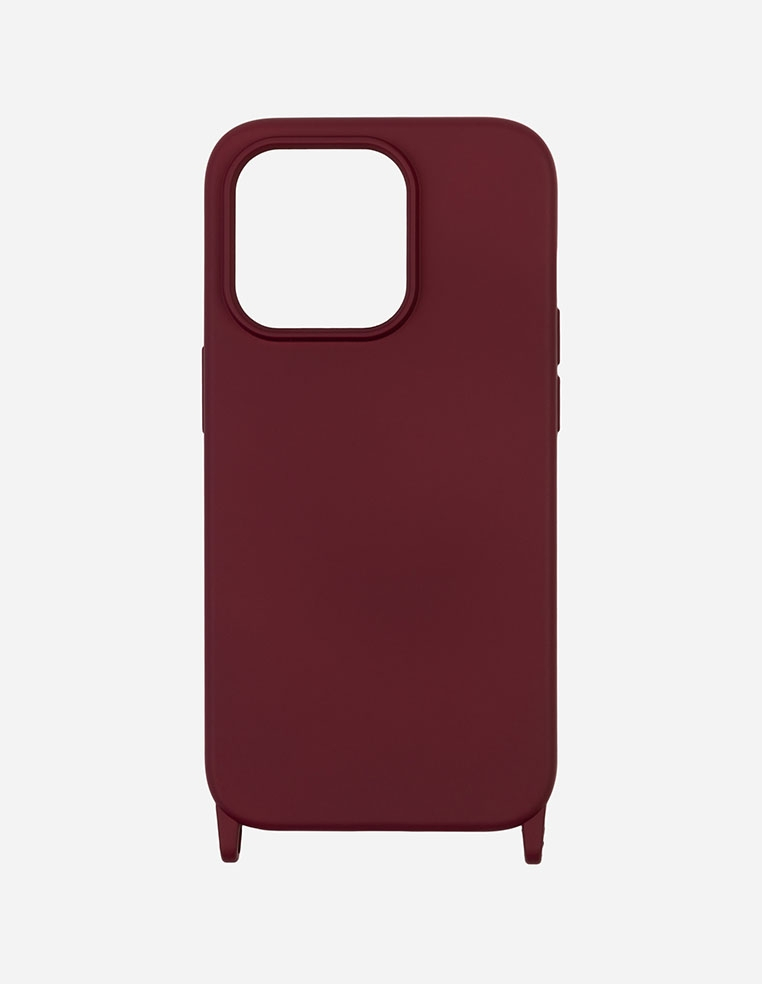 Coque iPhone bordeaux avec anneaux de fixation pour chaine bandoulière et cordon
