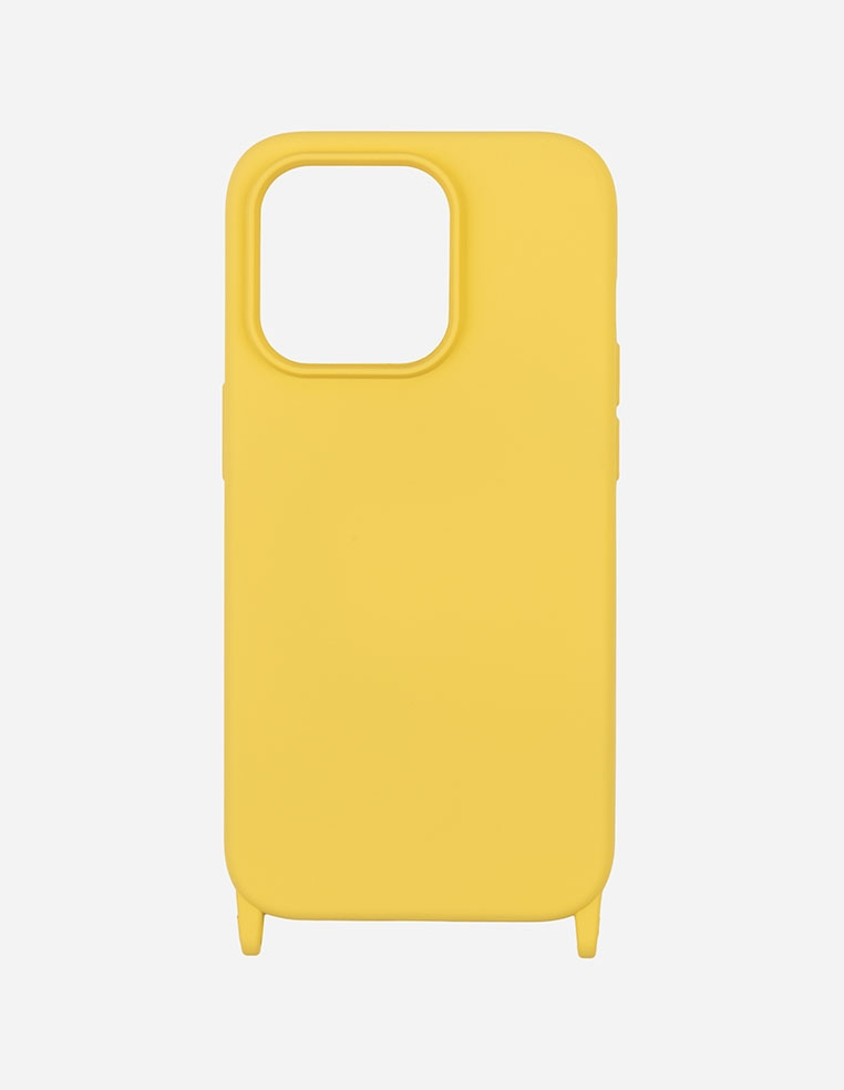 Coque iPhone jaune avec anneaux de fixation pour chaine bandoulière et cordon