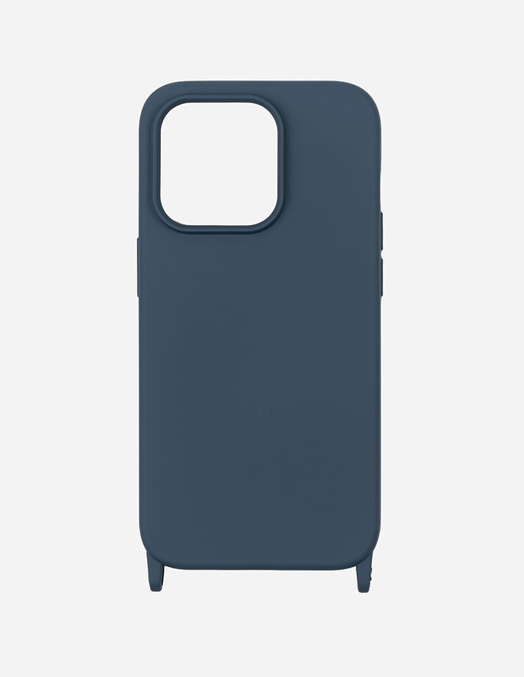 Coque iPhone bleue avec anneaux de fixation pour chaine bandoulière et cordon