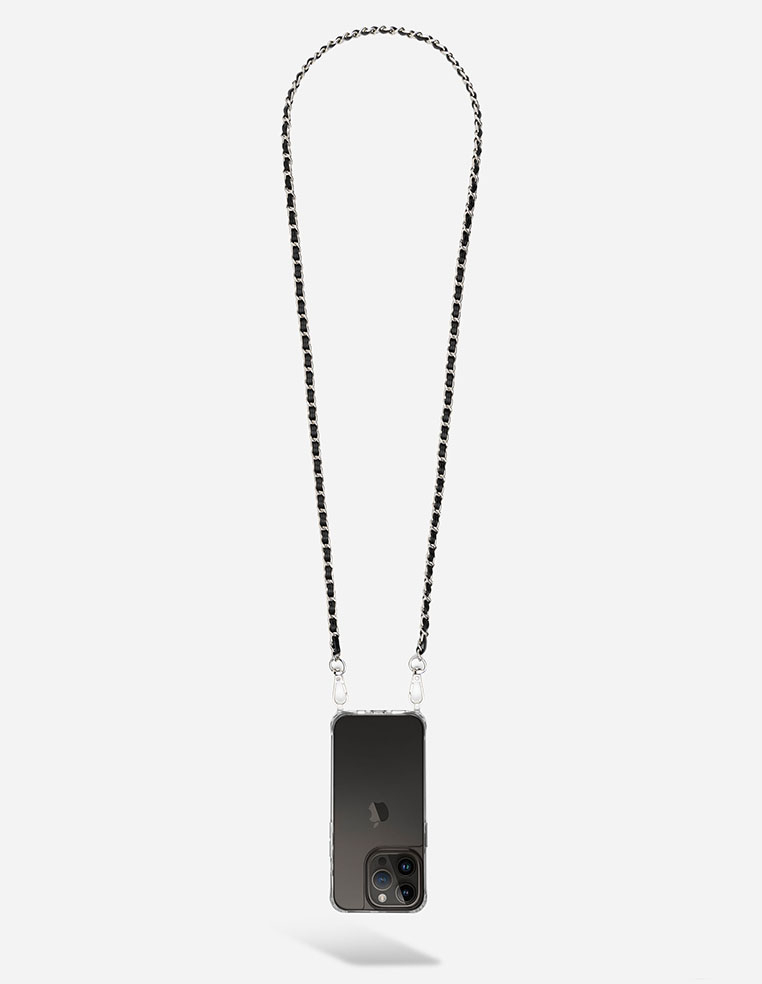 Chaine iPhone metal et cuir noir chanel