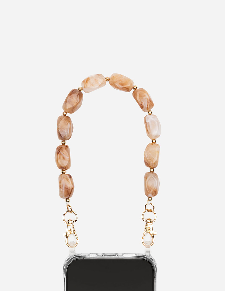 chaine bijou grigri de téléphone en perle beige femme