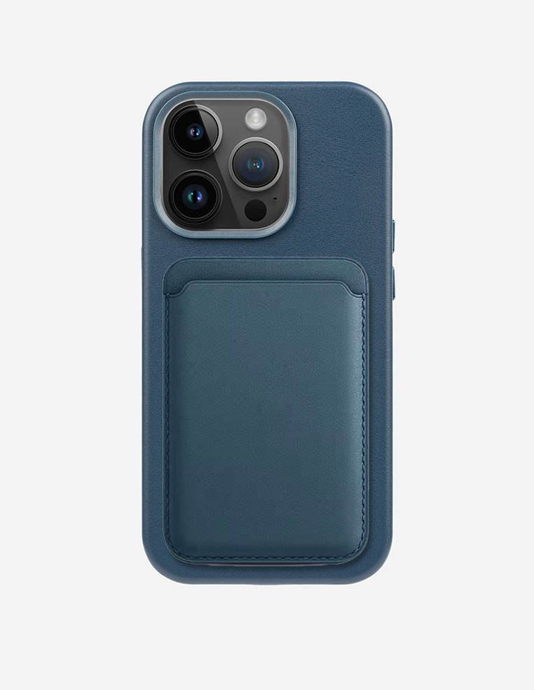 Porte‑cartes en cuir véritable pour iPhone avec MagSafe bleu denim