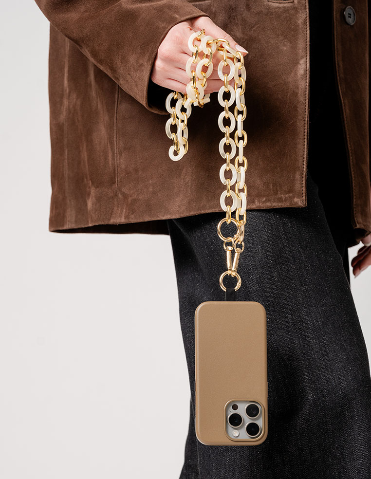 Ensemble coque en cuir iPhone 1§ Pro Max taupe marron caramel et chaîne de téléphone