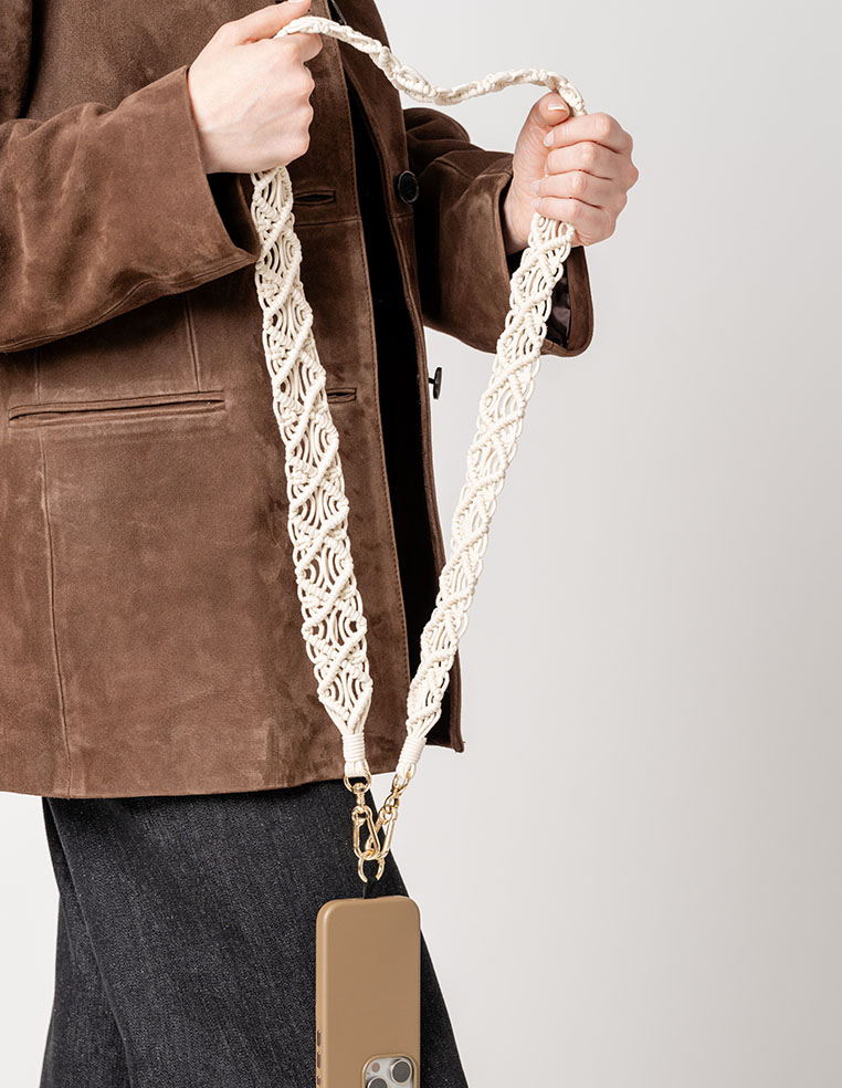 chaîne cordon tissu macramé beige bandoulière pour iPhone