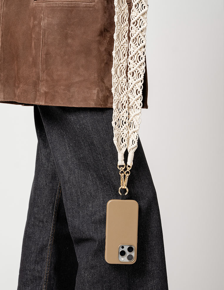 chaîne cordon tissu macramé beige bandoulière pour iPhone