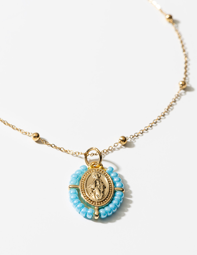 Collier pendentif médaillon vierge marie santa maria porte bonheur bleu layette MADONE Collier pendentif médaillon vierge marie santa maria porte bonheur bleu layette MADONE