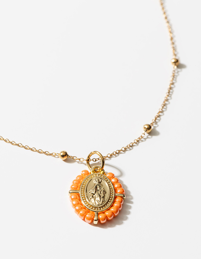 Collier pendentif médaillon vierge marie santa maria porte bonheur orange MADONE Collier pendentif médaillon vierge marie santa maria porte bonheur orange MADONE