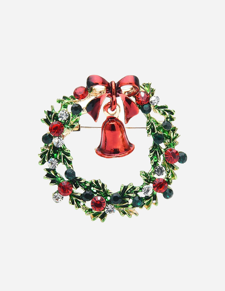 Broche fêtes de Noël pour femme en forme de couronne et de clochette