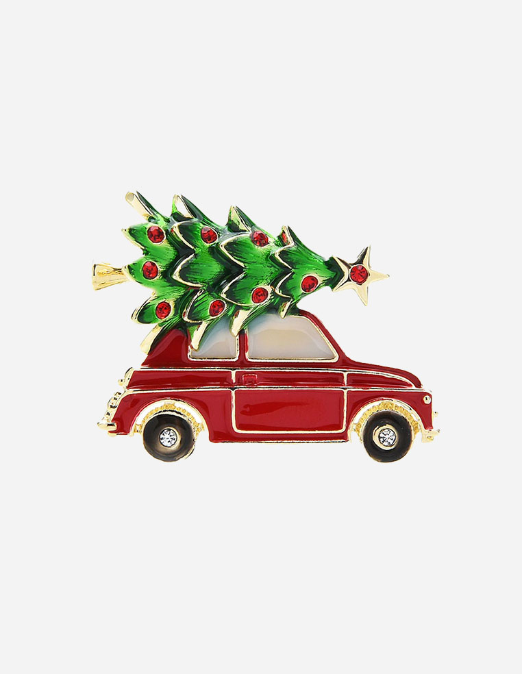 Broche pin's pour femme petite voiture rouge avec sapin de Noël sur le toit