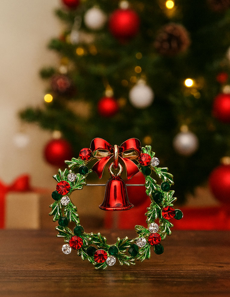 Broche couronne et cloche de Noël MERLIN