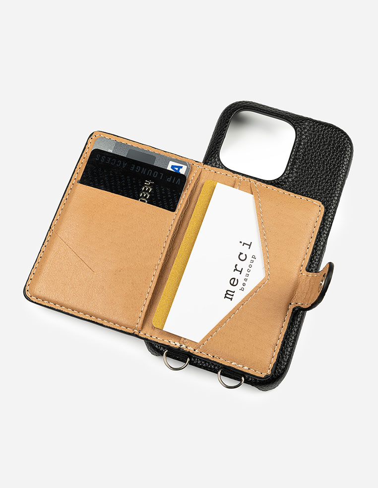 Coque iPhone en cuir grainé avec anneaux et porte-cartes