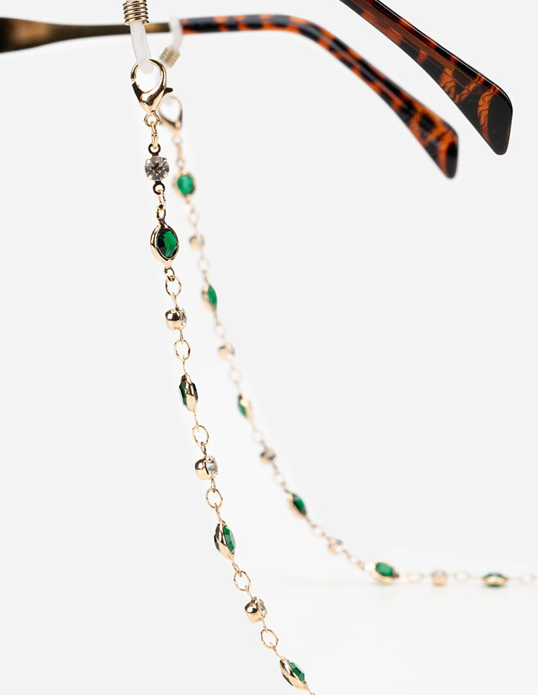 chaîne à lunette dorée tendance pour femme pierre vert emeraude