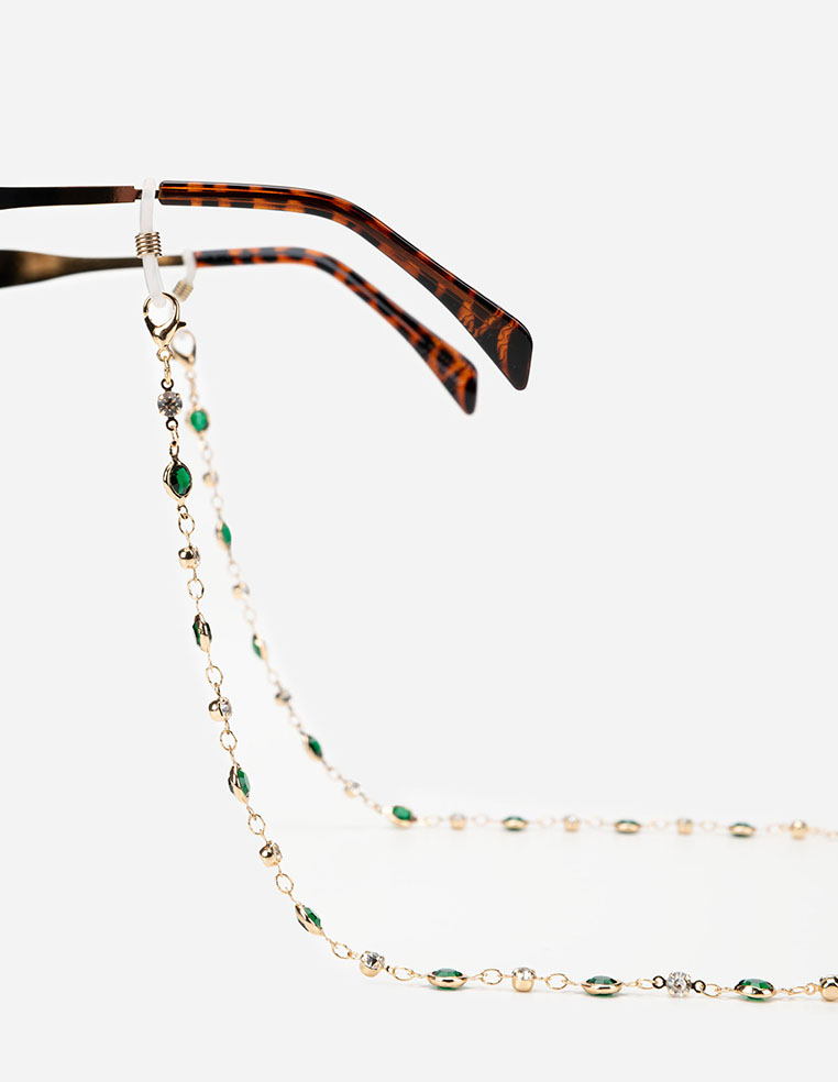 chaîne à lunette dorée tendance pour femme pierre vert emeraude
