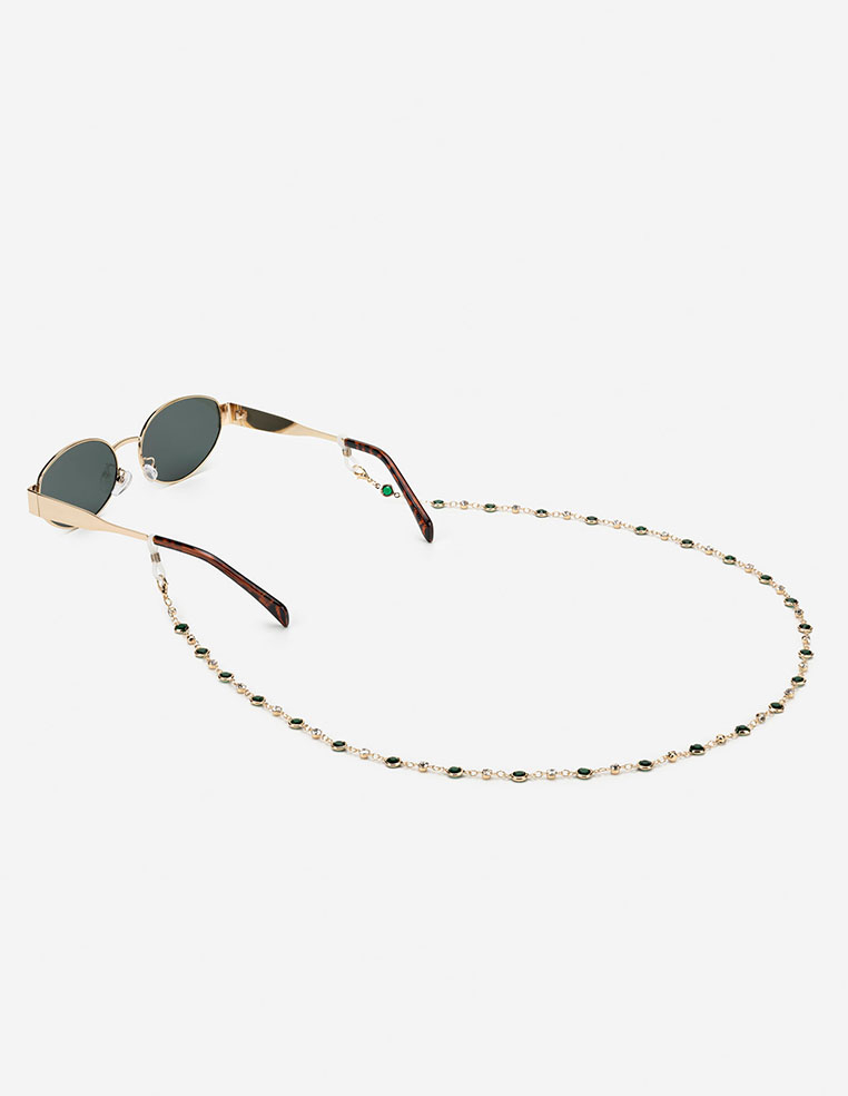chaîne à lunette dorée tendance pour femme pierre vert émeraude