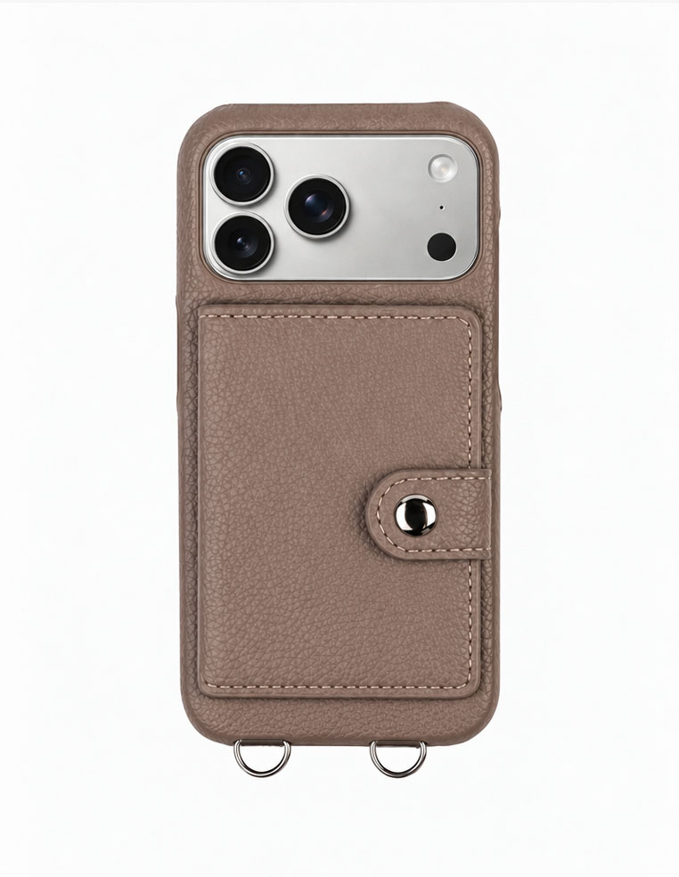 Coque en cuir beige iPhone 18 Pro 17 Pro Max avec anneaux et porte carte